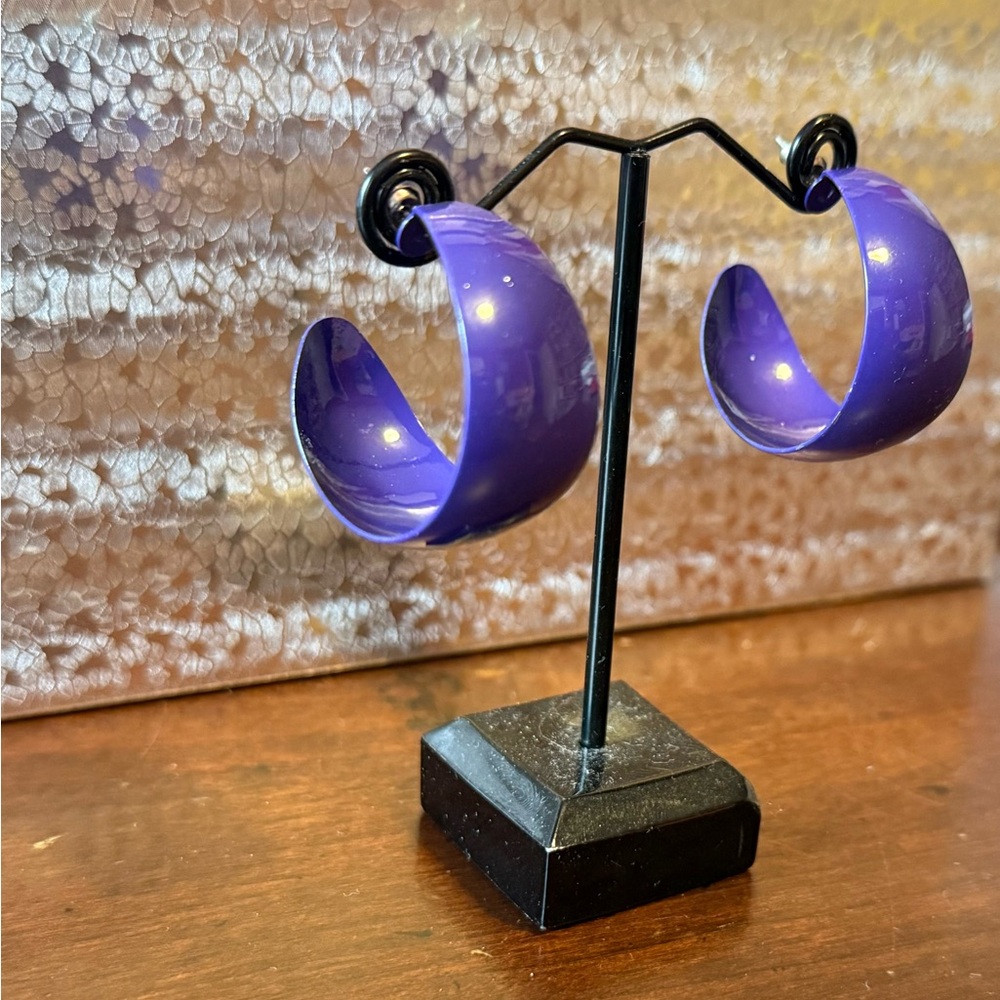Vintage Purple Enamel Hoop Earrings, Purple Pierced Earrings, Oversized Earrings